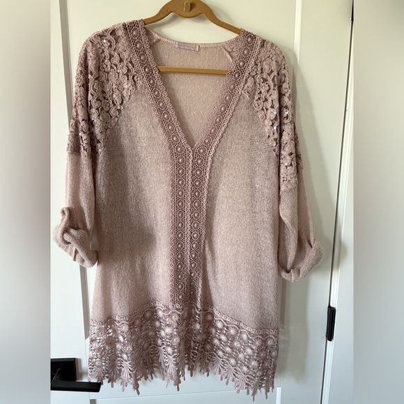 M Made In Italy Sweaters - Made in Italy Pink Lace Knit Cardigan